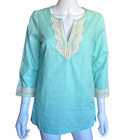 NYDJ Tunic Top White Crochet Trim 3/4 Sleeves Side Zipper Womens Size XS NWT - Picture 1 of 15